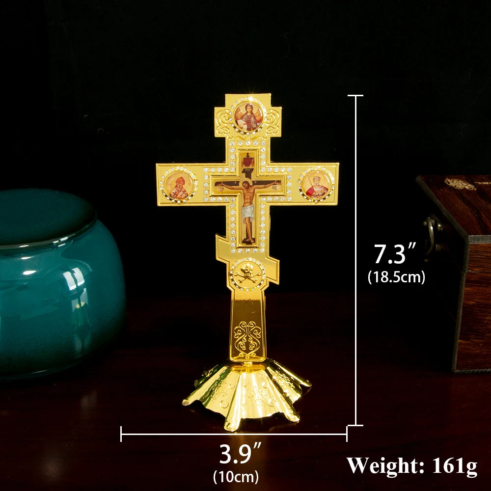 Orthodox Church Blessing Cross With Stand for Church Decoration Gold Planting Jesus Crucifix Image Religion Gift Altar Cross-2