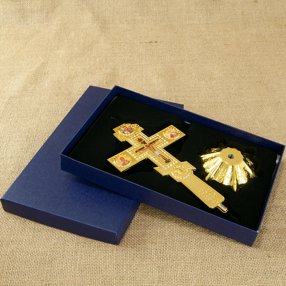 Orthodox Church Blessing Cross With Stand for Church Decoration Gold Planting Jesus Crucifix Image Religion Gift Altar Cross-1