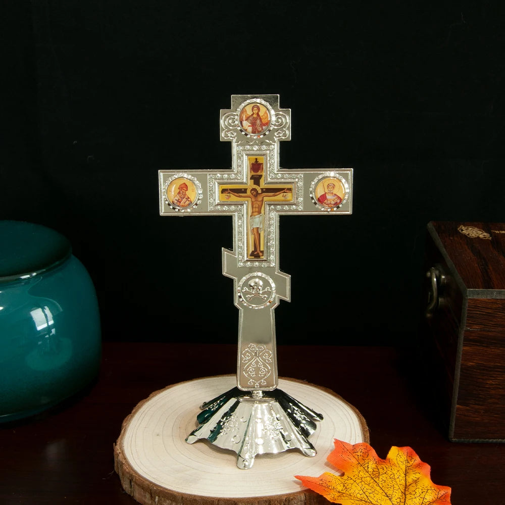 Orthodox Church Blessing Cross With Stand for Church Decoration Gold Planting Jesus Crucifix Image Religion Gift Altar Cross-3